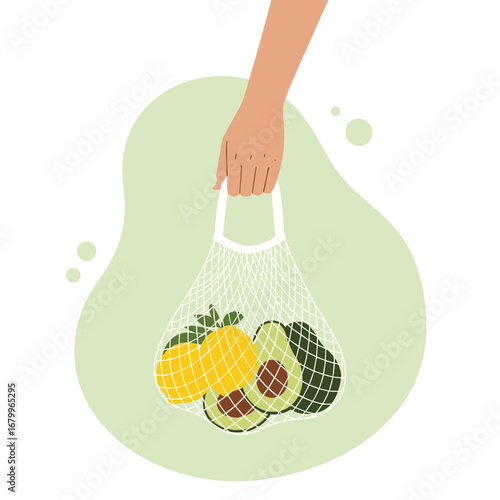 Hand holding a reusable string grocery bag with fresh avocados and lemons. Eco friendly, zero waste, and healthy lifestyle vector illustration.
