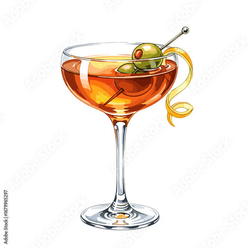 Classic cocktail in a coupe glass with olive and lemon twist garnish. Vector illustration of an alcoholic beverage isolated on a white background.
