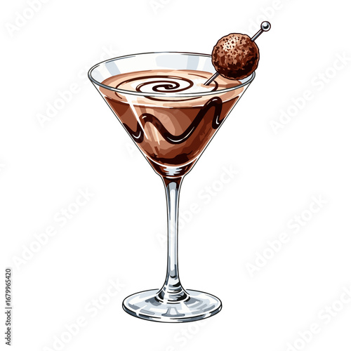 Decadent Chocolate Martini Cocktail with a Chocolate Truffle Garnish. Hand-drawn vector illustration isolated on a white background.