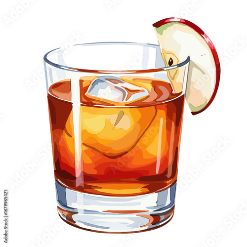 Vector illustration of an apple cider cocktail in a rocks glass with ice cubes. Refreshing autumn drink with an apple slice garnish isolated on a white background.