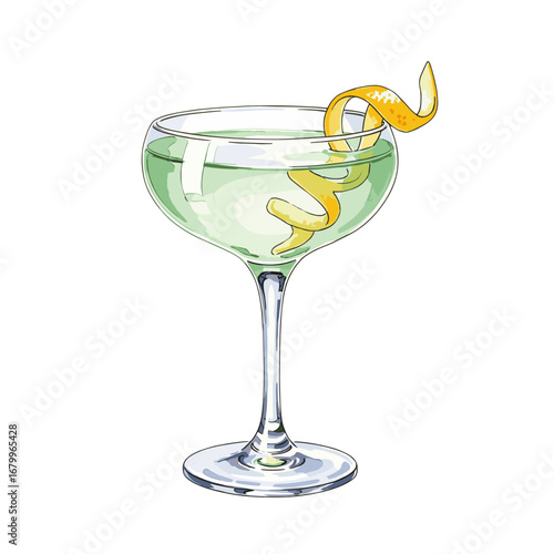 Classic green cocktail in a coupe glass, garnished with a long lemon peel twist. Watercolor style vector illustration isolated on a white background.
