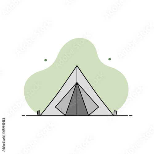 Minimalist tent illustration for camping and outdoor adventure. Simple flat design vector icon of a campsite shelter on a white background.