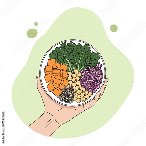 Hand holding a healthy vegan Buddha bowl with kale, sweet potato, and chickpeas. Vector illustration for a plant-based diet and healthy lifestyle.