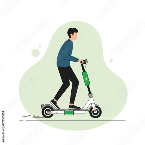 Young man riding a modern electric scooter. Vector illustration of urban eco-friendly transportation and sustainable mobility.