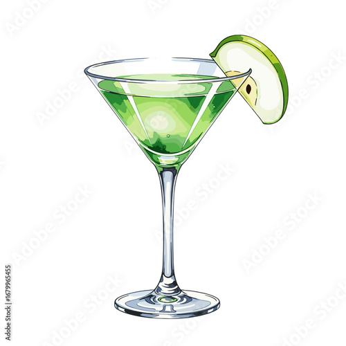Vibrant green Appletini cocktail in a classic martini glass, garnished with a fresh apple slice. Isolated vector illustration on a white background.