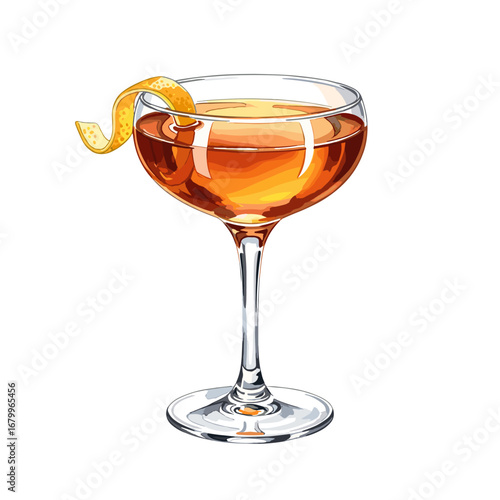 Classic orange cocktail in a coupe glass with a lemon twist garnish. Vector illustration of an alcoholic beverage isolated on a white background.