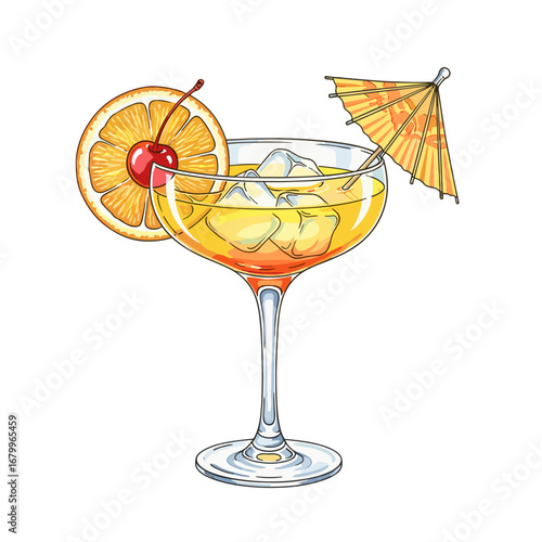 Tropical cocktail with orange slice, cherry, and umbrella garnish. Hand-drawn vector illustration of a summer drink isolated on a white background.