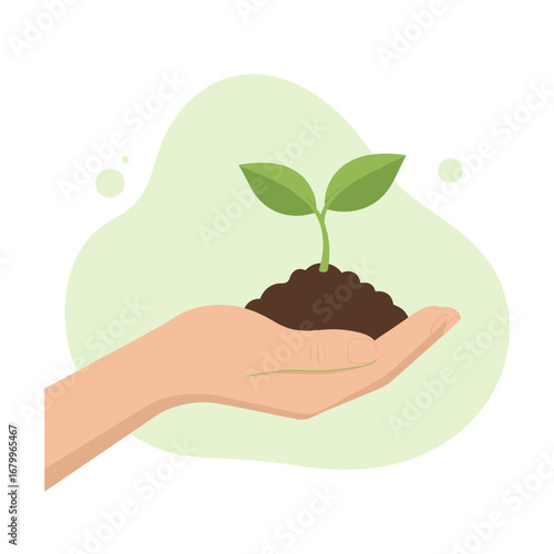 Human hand holding a small green plant sprout in soil. Concept of growth, new life, nature, and environmental care. Flat vector illustration.