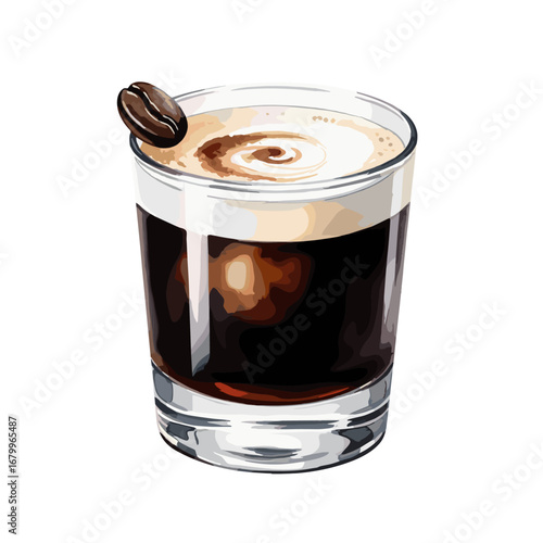White Russian cocktail with a coffee bean garnish. Vector illustration of a classic alcoholic drink isolated on a white background.
