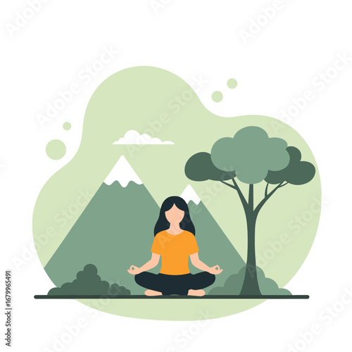 Woman meditating in lotus pose outdoors in a mountain landscape. Vector illustration of a girl practicing yoga for mindfulness, relaxation, and wellness.