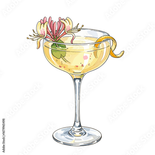 Elegant Honeysuckle Cocktail in a Coupe Glass with Citrus Twist Garnish. Hand-drawn watercolor style illustration isolated on a white background.