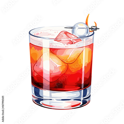Classic Negroni cocktail with ice and orange peel garnish in a rocks glass. Vector illustration of an alcoholic beverage on a white background.