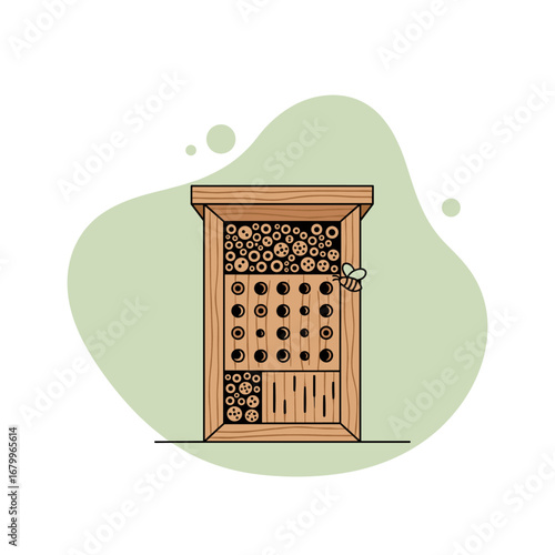 Wooden insect hotel for solitary bees and bugs. A simple vector illustration promoting wildlife conservation and biodiversity in the garden.