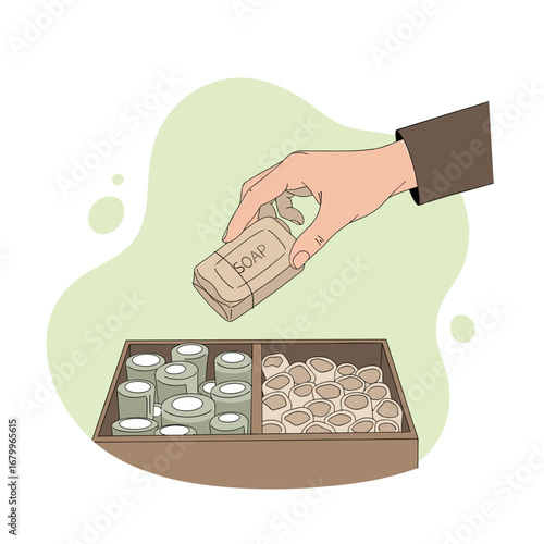 Minimalist vector illustration of a hand choosing a natural handmade soap bar from a wooden box. Eco friendly and zero waste lifestyle concept.