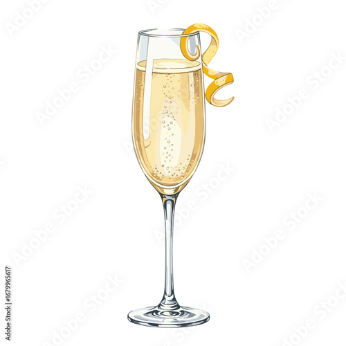 A glass of sparkling champagne with a lemon twist garnish. An elegant watercolor illustration of a cocktail in a flute, isolated on a white background.