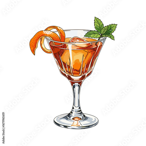 Hand-drawn style cocktail in a stemmed glass with a large ice cube, orange twist, and mint sprig, isolated on a white background.