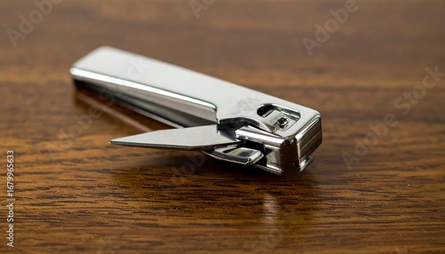 Shiny Metal Nail Clippers on a Wooden Surface.
