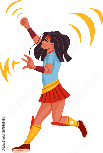 Kid superhero character or super hero girl with magic power energy blast, cartoon vector. Superhero kid or young woman superhuman character fighting with superpower energy punch or power spell blast