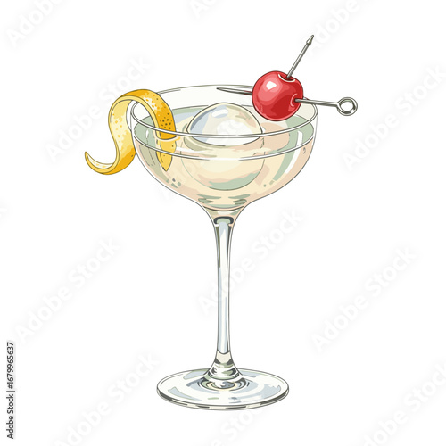 Classic cocktail illustration with a lemon twist and cherry garnish. Hand-drawn alcoholic beverage in a coupe glass with a large ice sphere, isolated on a white background.
