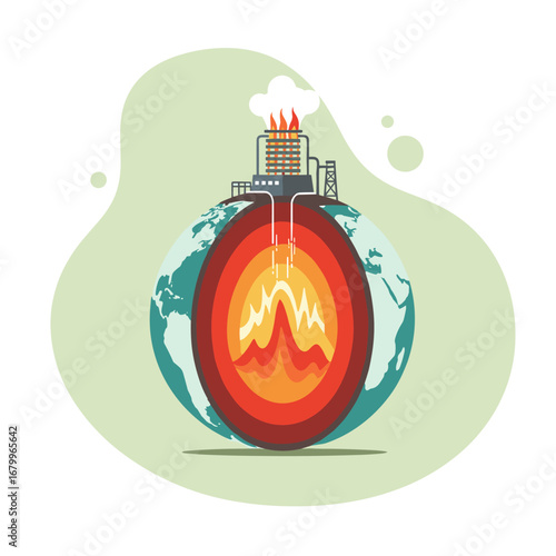 Geothermal energy concept illustration. A power plant on top of a cross-section of the Earth, harnessing heat from the core for renewable power.