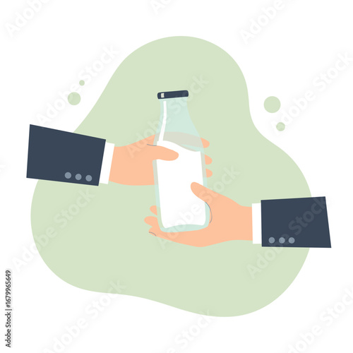 Close up of two hands in business suits exchanging a glass bottle of fresh milk. Dairy product delivery service concept.