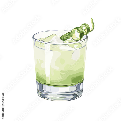 Green cocktail with lime twist and mint garnish in a glass with ice. Vector illustration of a refreshing alcoholic drink isolated on a white background.