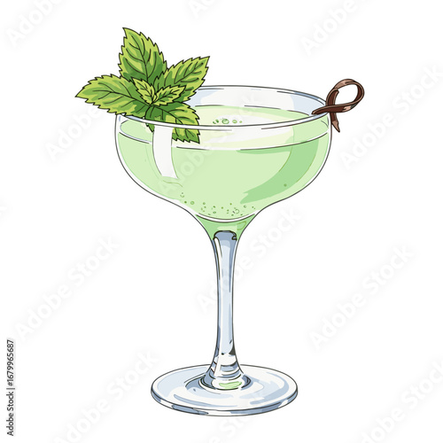 Hand drawn illustration of a green cocktail in a coupe glass. Refreshing alcoholic beverage garnished with fresh mint, isolated on a white background.