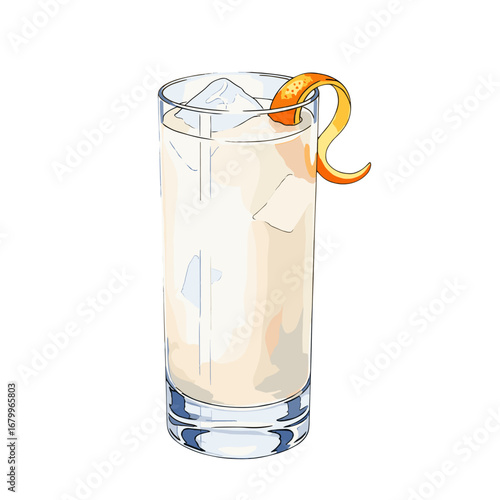 Hand-drawn illustration of a creamy cocktail in a highball glass with ice cubes and an orange peel garnish. Isolated vector art of a refreshing alcoholic beverage.