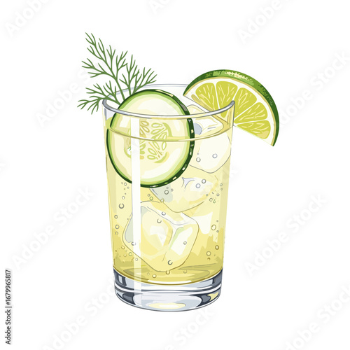 A refreshing summer cocktail with cucumber, lime, and dill. An illustrated gin and tonic or vodka soda drink isolated on a white background.