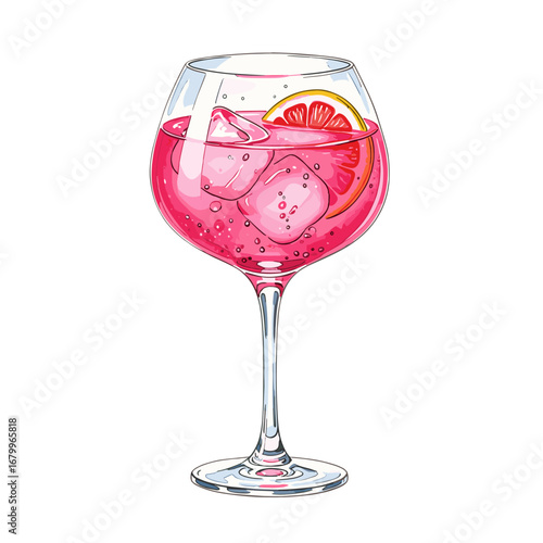 Pink Gin and Tonic Cocktail with Grapefruit Garnish. Hand drawn vector illustration of a refreshing alcoholic beverage in a balloon glass isolated on a white background.