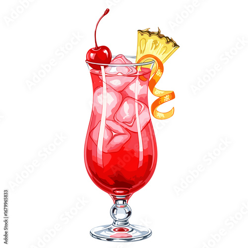 Tropical red cocktail drink in a glass with ice and fruit garnish. Vector illustration isolated on a white background.