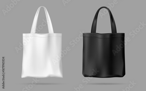 Realistic black and white tote bag mockups. Vector 3d eco fabric cloth totebags, cotton, canvas or linen shoppers with long handles. Blank reusable textile shopping handbags or grocery tote bags