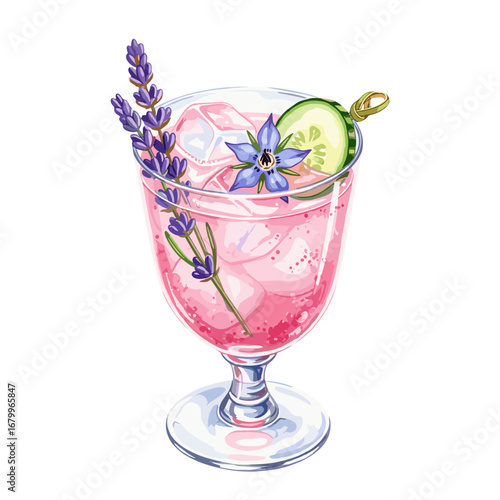 Refreshing pink gin and tonic cocktail with lavender, borage flower, and cucumber garnish. Watercolor style illustration isolated on a white background.