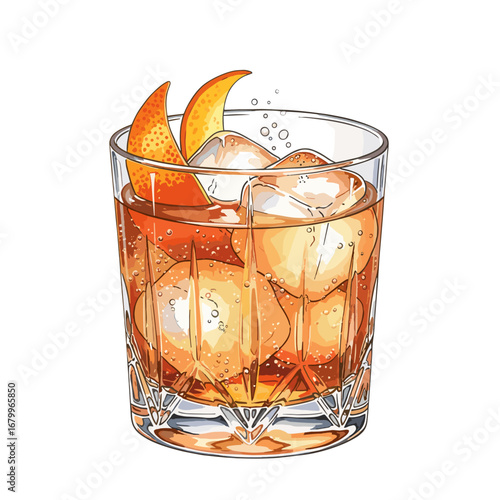 Illustration of a classic cocktail like a Negroni or Old Fashioned in a rocks glass with ice cubes and an orange peel garnish. Hand-drawn alcoholic beverage isolated on a white background.