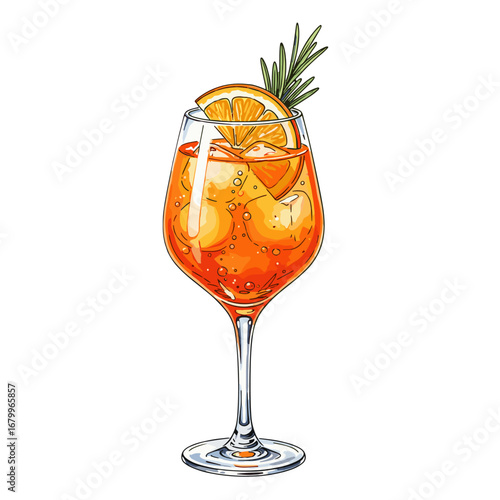 Hand drawn illustration of a refreshing orange cocktail with ice and garnish. Aperitif drink in a wine glass isolated on a white background. Summer beverage sketch.