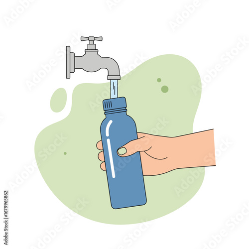 Vector illustration of a hand filling a reusable water bottle from a tap. Eco-friendly concept of hydration and sustainability.