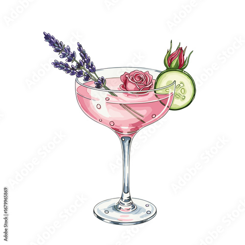 Elegant pink floral cocktail with lavender, rose, and cucumber garnish. Watercolor illustration of a refreshing summer drink isolated on a white background.