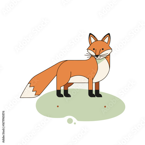 A stylized illustration of a cute orange fox standing on a green patch. Modern flat vector graphic of a wild animal on a white background.