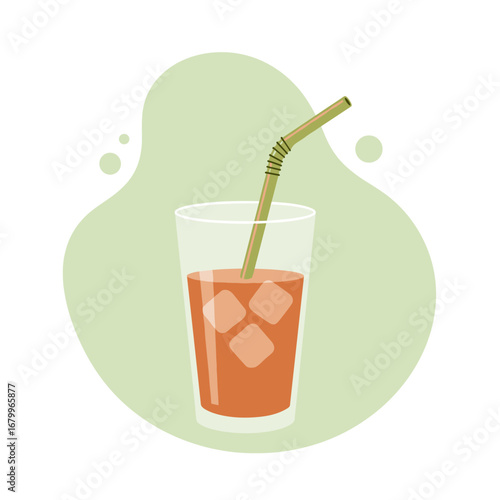 Vector illustration of a refreshing glass of iced tea with ice cubes and a green straw. Cold summer beverage on a simple abstract background.