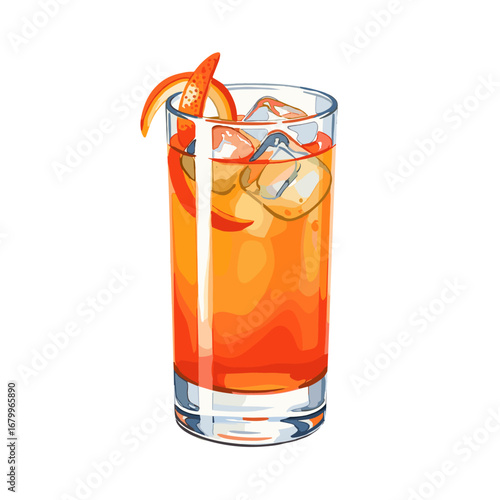 Vector illustration of a refreshing orange cocktail in a tall glass. Iced alcoholic beverage with an orange peel garnish, isolated on a white background.