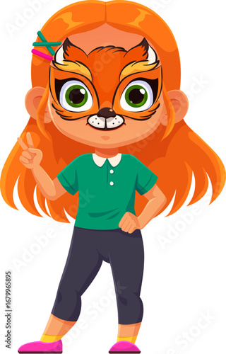 Holiday party kid with face paint. Cartoon vector red haired girl with fox face paint smiling and showing peace sign. Child with bright makeup, green shirt and colorful hair clips. standing and posing