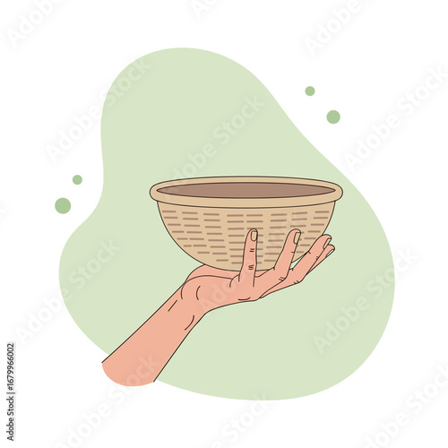 Vector illustration of a hand holding an empty wicker basket. Minimalist design for concepts of giving, charity, and collecting.
