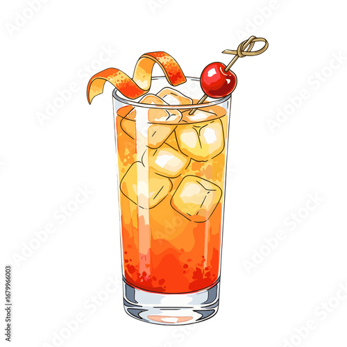 Colorful cocktail illustration with ice, orange peel, and cherry garnish. Refreshing alcoholic beverage in a highball glass isolated on a white background.