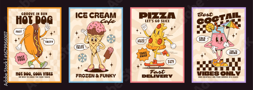 Cartoon groovy characters posters featuring retro fast food personages like dancing hot dog, ice cream cone, pizza slice or cocktail cup with playful slogans. Vector vintage comic food and drink promo