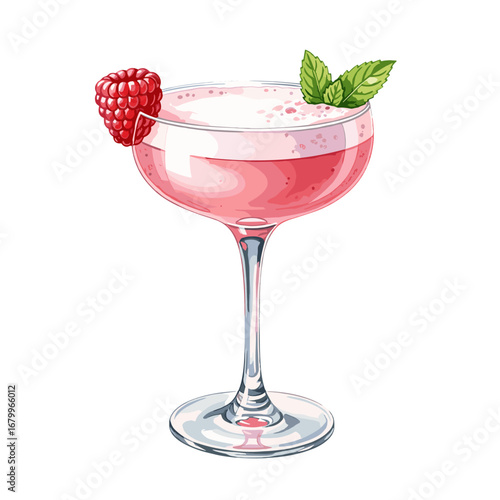 Pink raspberry cocktail with mint garnish in a coupe glass. Vector illustration of a refreshing summer drink isolated on a white background.