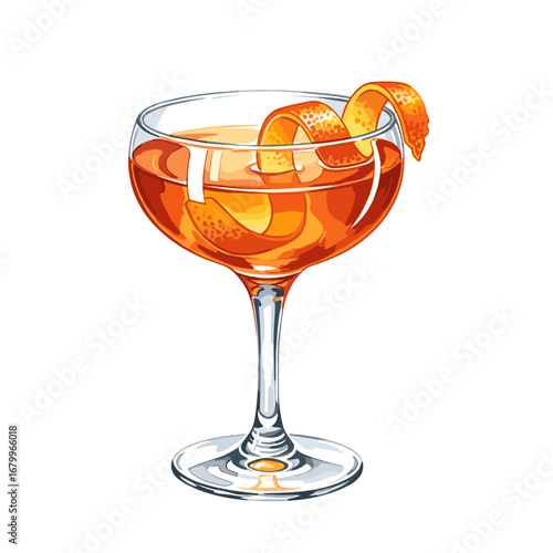Classic orange cocktail in a coupe glass with a citrus peel twist garnish. Hand-drawn alcoholic beverage illustration isolated on a white background.