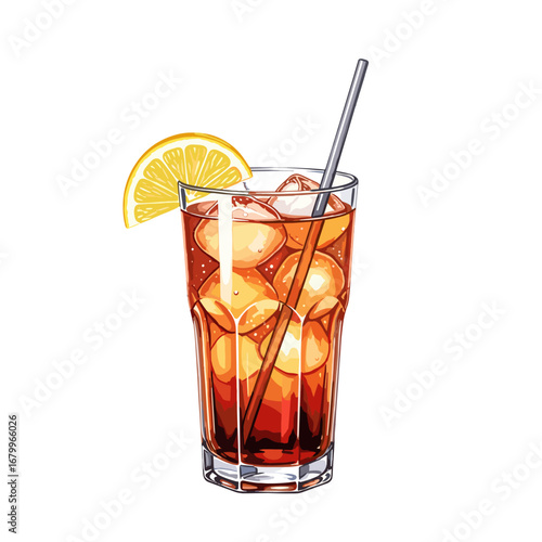 A refreshing glass of iced tea with ice cubes, a lemon wedge, and a straw. A cool summer beverage illustration isolated on a white background.