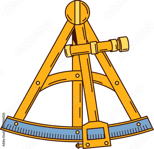 Cartoon groovy sextant with golden arc and compass details. Vector antique nautical navigation tool with rotating parts and engraved lines. fantasy pirate or corsair game object expressing exploration