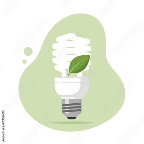 Energy saving light bulb with a green leaf. Eco-friendly technology and sustainable power concept illustration. Green energy and conservation symbol.