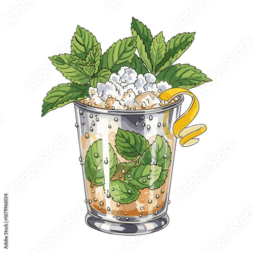 A vibrant hand-drawn illustration of a refreshing mint julep or mojito cocktail, filled with crushed ice, fresh mint leaves, and a lemon twist garnish, isolated on a white background.